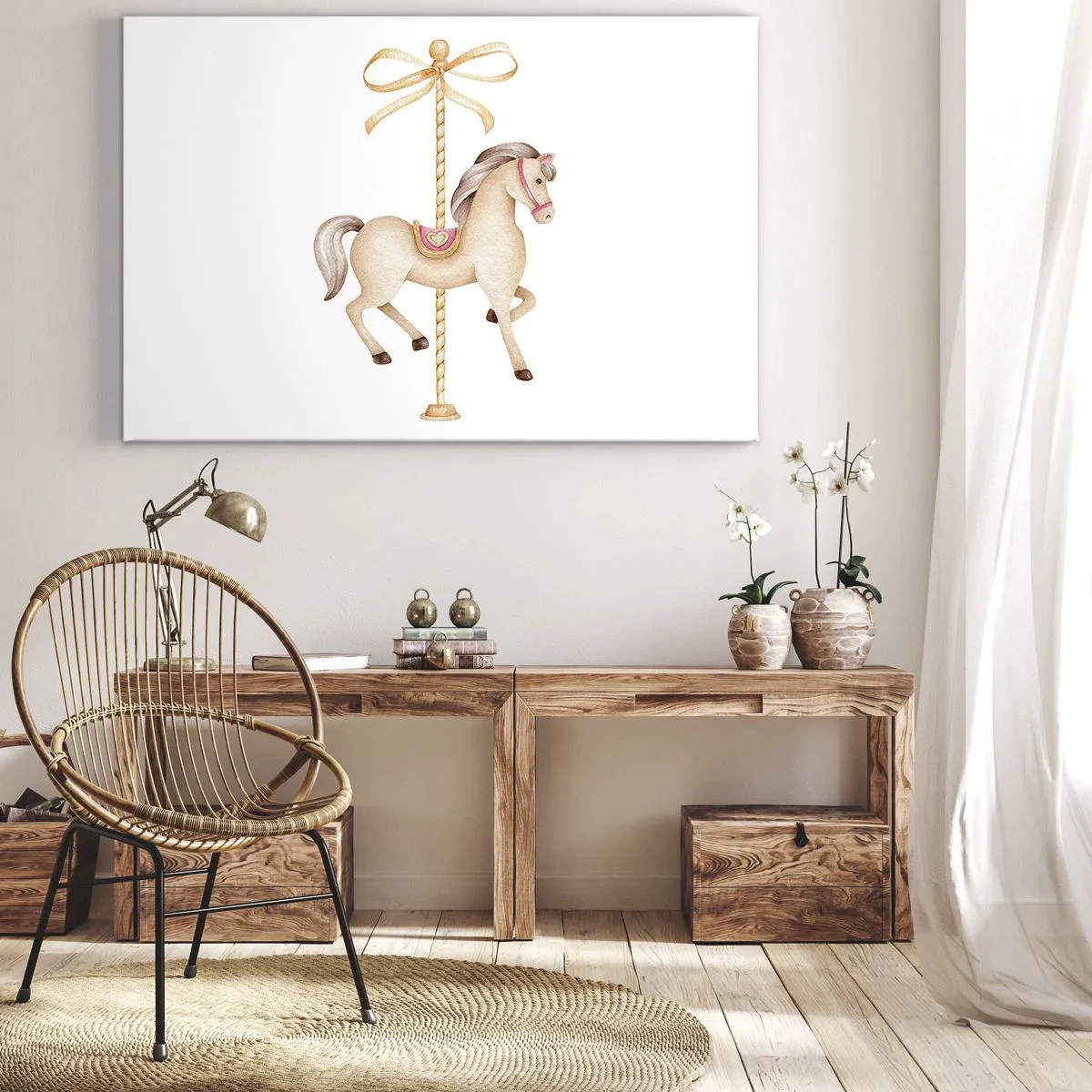 Obraz na plátne - Kolotočový kôň s mašľou v jemných pastelových farbách - 70x50cm - Elegantným klusom - Moderná nástenná dekorácia do obývacej izby a spálne ARTTOR