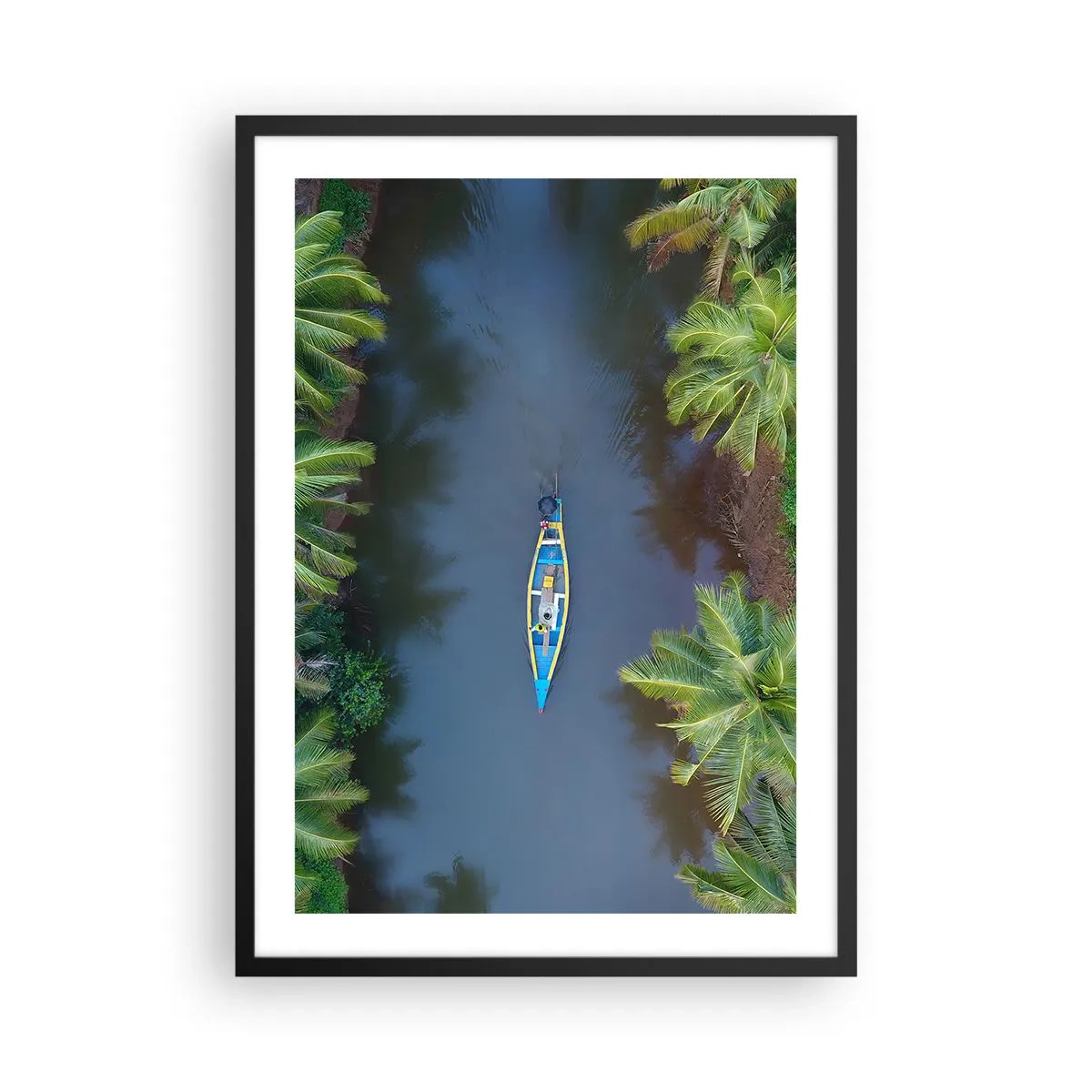 Plagát v čiernom ráme - Letecký pohľad na loď plávajúcu na tropickej rieke - 50x70cm - Na tropickom chodníku - Moderná nástenná dekorácia do obývacej izby a spálne ARTTOR