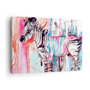 Obraz na plátne - Farebná zebra na pozadí abstraktných akvarelových vzorov - 70x50cm - Bezstarostný vtip prírody - Moderná nástenná dekorácia do obývacej izby a spálne ARTTOR