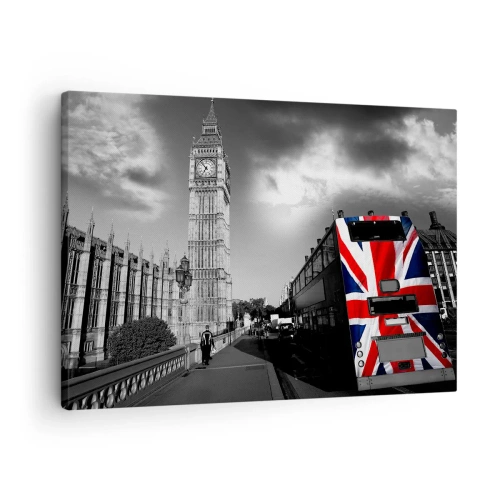 Obraz na plátne - Big Ben a autobus s britskou vlajkou na čiernobielom pozadí - 70x50cm - Hrdá a veľká - Moderná nástenná dekorácia do obývacej izby a spálne ARTTOR