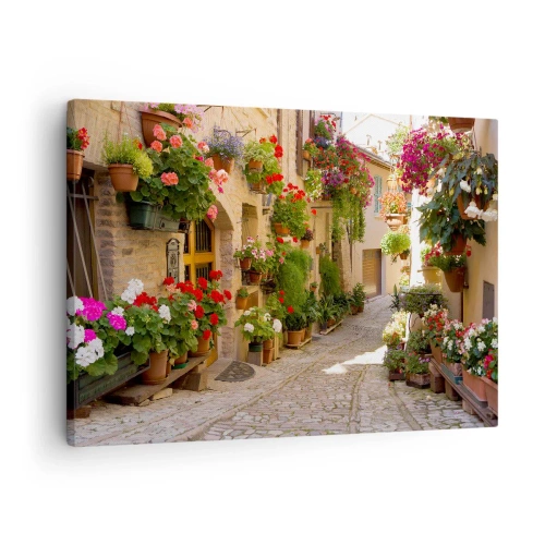 Obraz na plátne - Ulica s kvetmi v kvetináčoch a kamennými múrmi - 70x50cm - V záplave kvetov - Moderná nástenná dekorácia do obývacej izby a spálne ARTTOR