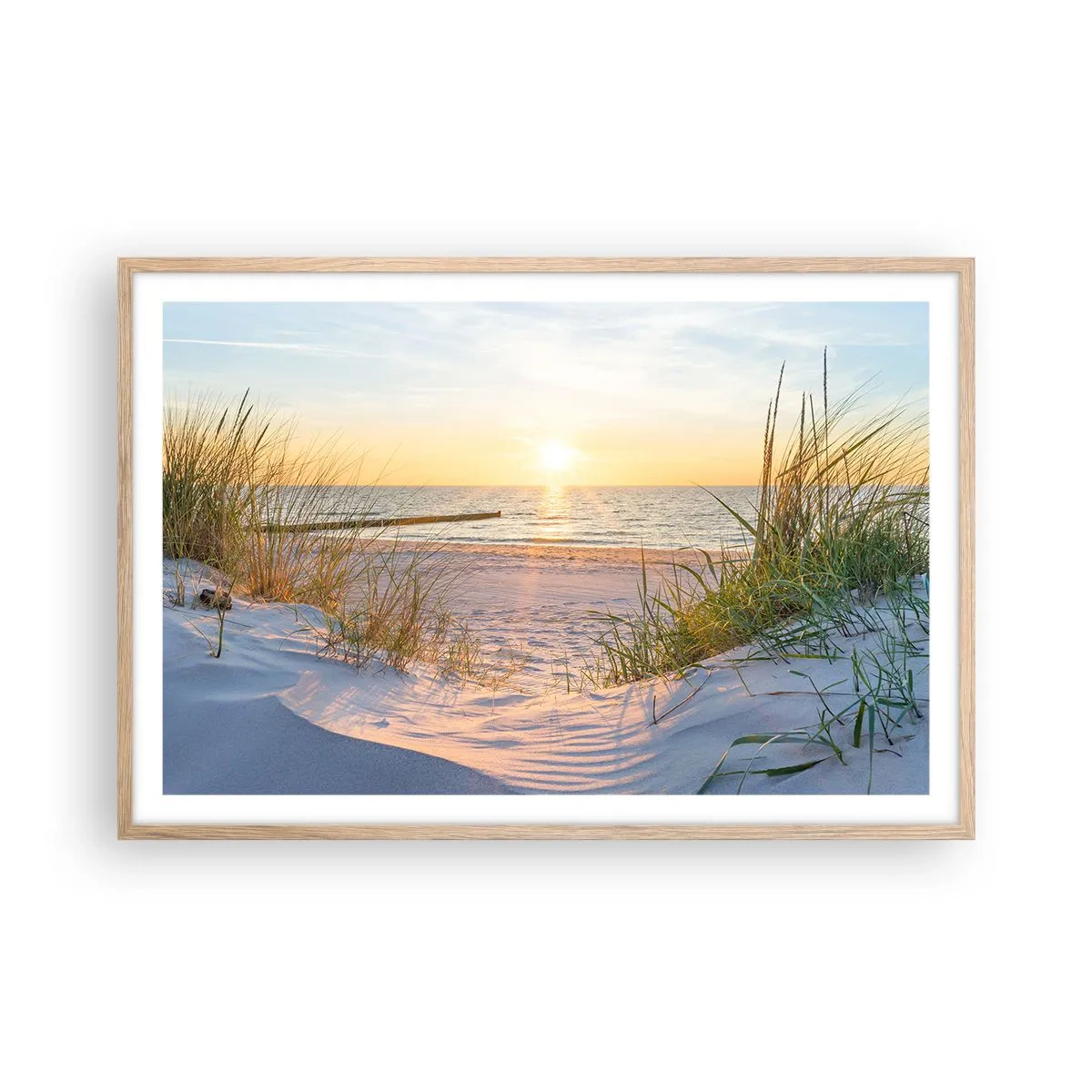 Plagát v ráme zo svetlého duba - Šumenie mora, spev vtákov, divoká pláž uprostred trávy… - 91x61 cm