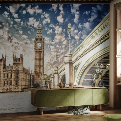 Fototapeta na mieru Samolepiaca Deluxe Sticker - Perové oblaky nad Temžou - Mesto, Londýn, Anglicko