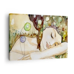 Obraz na plátne - Žena snívajúca obklopená abstraktnými tvarmi a farbami. - 70x50cm - Smaragdovo-fialový sen - Moderná nástenná dekorácia do obývacej izby a spálne ARTTOR