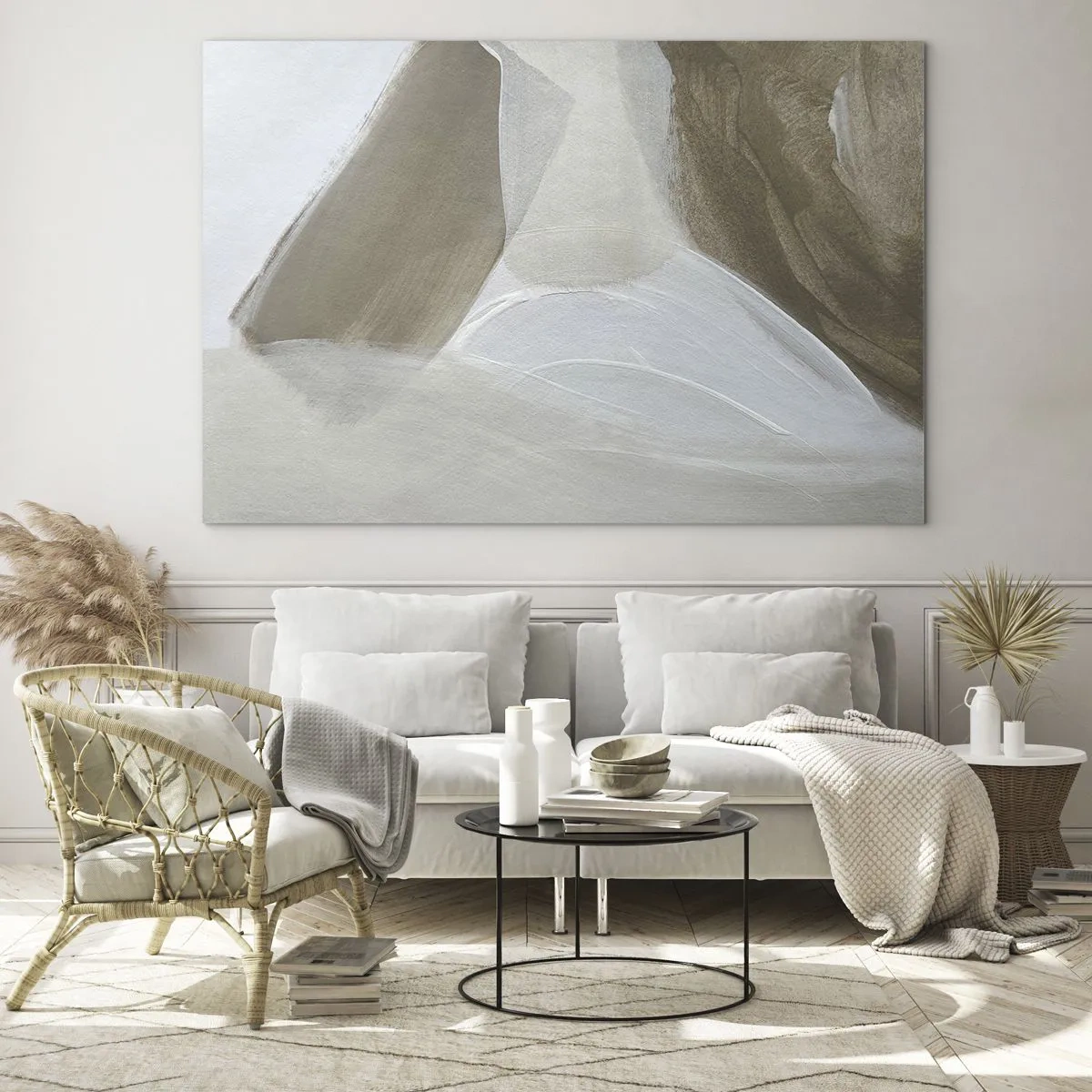 Obraz na skle - Jemná abstrakcia v bielej a béžovej farbe s jemnými ťahmi. - 70x50cm - Vlna bielej - Moderná nástenná dekorácia do obývacej izby a spálne ARTTOR