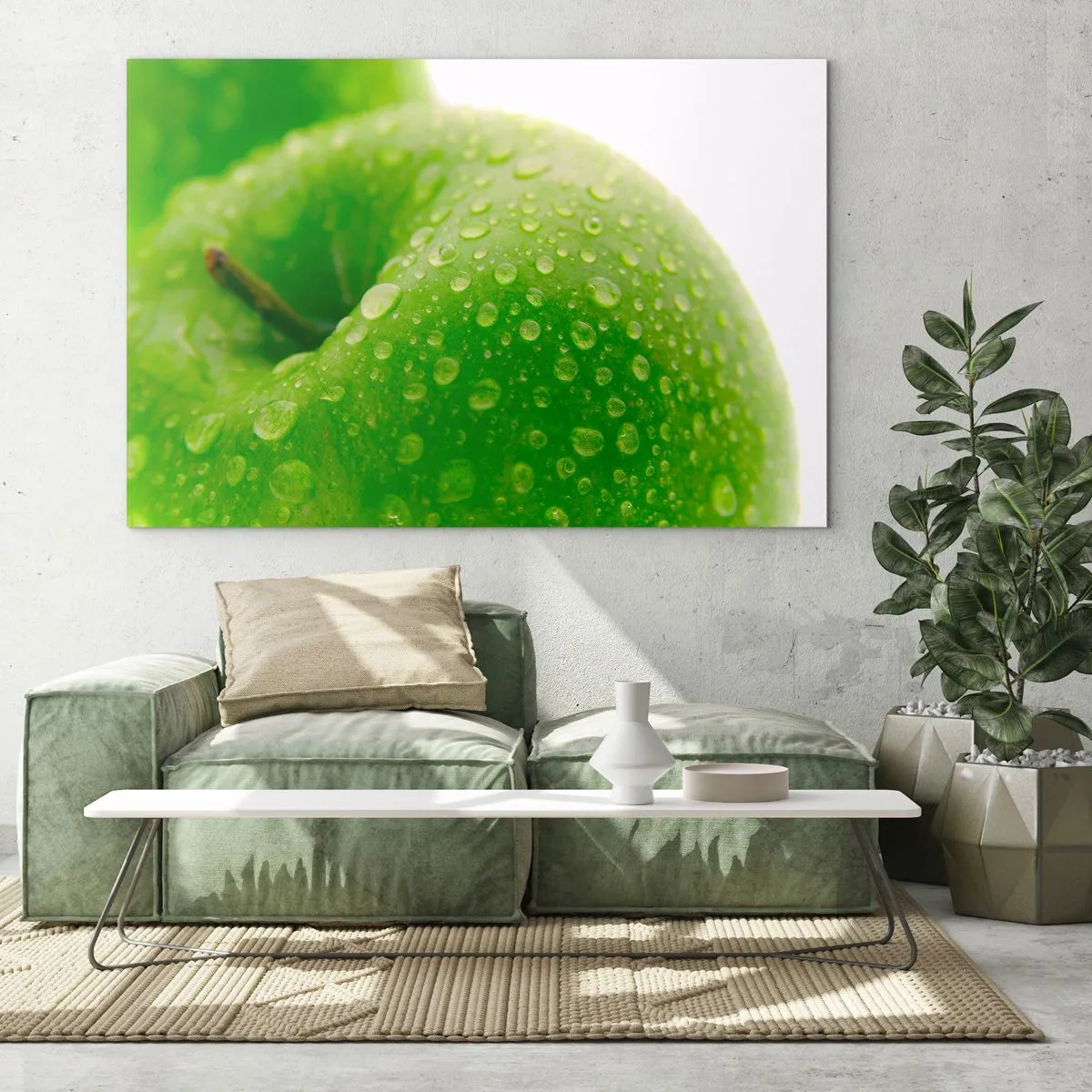 Obraz na skle - Zelené jablko pokryté kvapkami vody - 70x50cm - Zelená studená sviežosť - Moderná nástenná dekorácia do obývacej izby a spálne ARTTOR