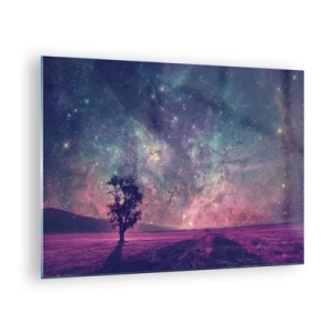 Obraz na skle - Strom na pozadí hviezdnej oblohy a galaxie - 70x50cm - Pod magickou oblohou - Moderná nástenná dekorácia do obývacej izby a spálne ARTTOR
