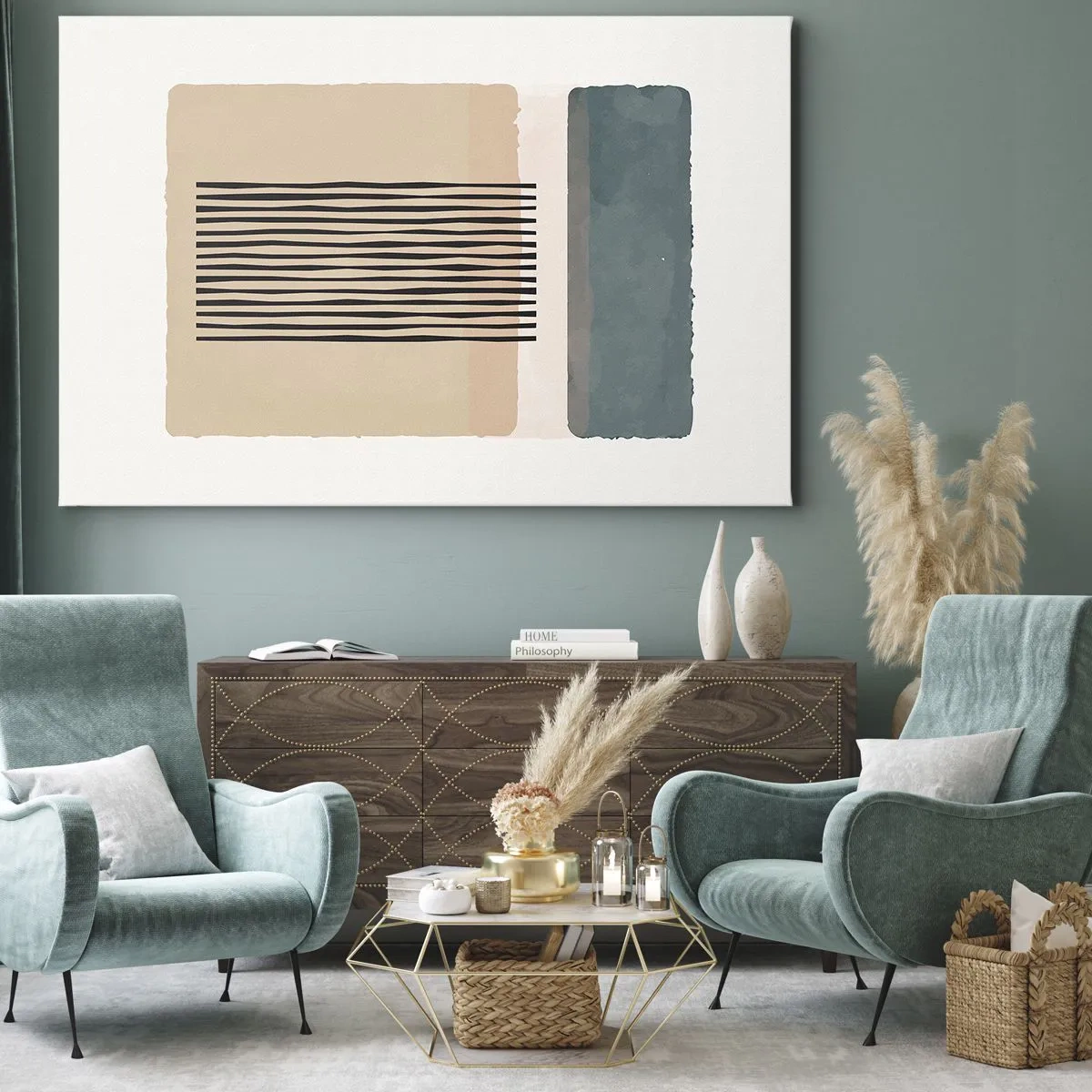 Obraz na plátne - Minimalistické geometrické tvary v béžových a zelených odtieňoch - 70x50cm - Všetko v poriadku - Moderná nástenná dekorácia do obývacej izby a spálne ARTTOR