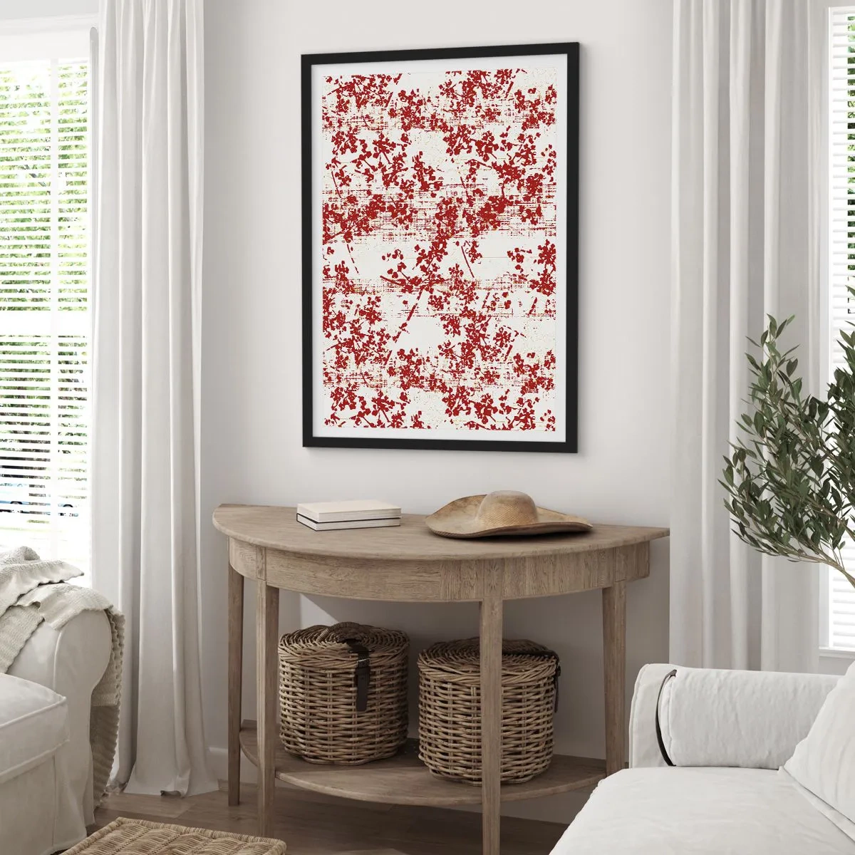 Plagát v čiernom ráme - Červené kvetinové akcenty na svetlom pozadí - 50x70cm - Staré kaliko - Moderná nástenná dekorácia do obývacej izby a spálne ARTTOR