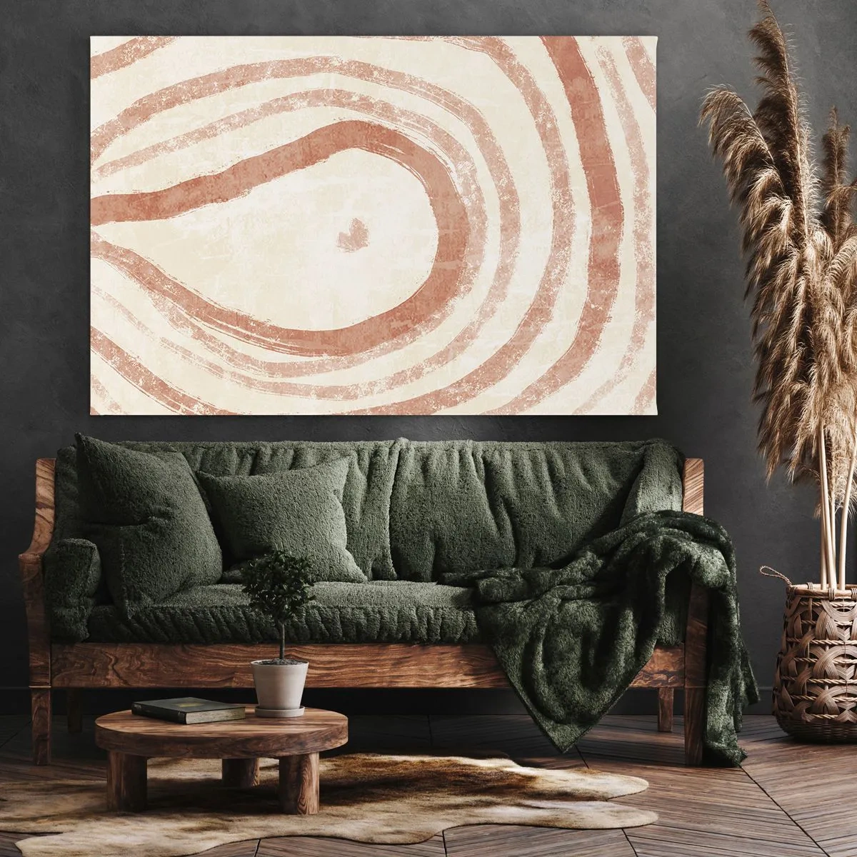 Obraz na plátne - Abstraktný motív sústredných čiar v odtieňoch terakoty. - 70x50cm - Koralové kruhy – kompozícia - Moderná nástenná dekorácia do obývacej izby a spálne ARTTOR