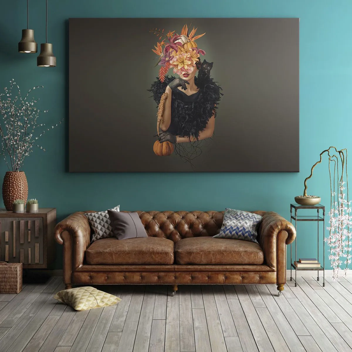 Obraz na plátne - Portrét ženy s jesennými motívmi a mačkou - 70x50cm - Kúzlo čarodejnice - Moderná nástenná dekorácia do obývacej izby a spálne ARTTOR