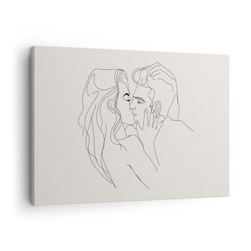 Obraz na plátne - Minimalistická ilustrácia páru v milujúcom objatí - 70x50cm - Zamotaní citom - Moderná nástenná dekorácia do obývacej izby a spálne ARTTOR