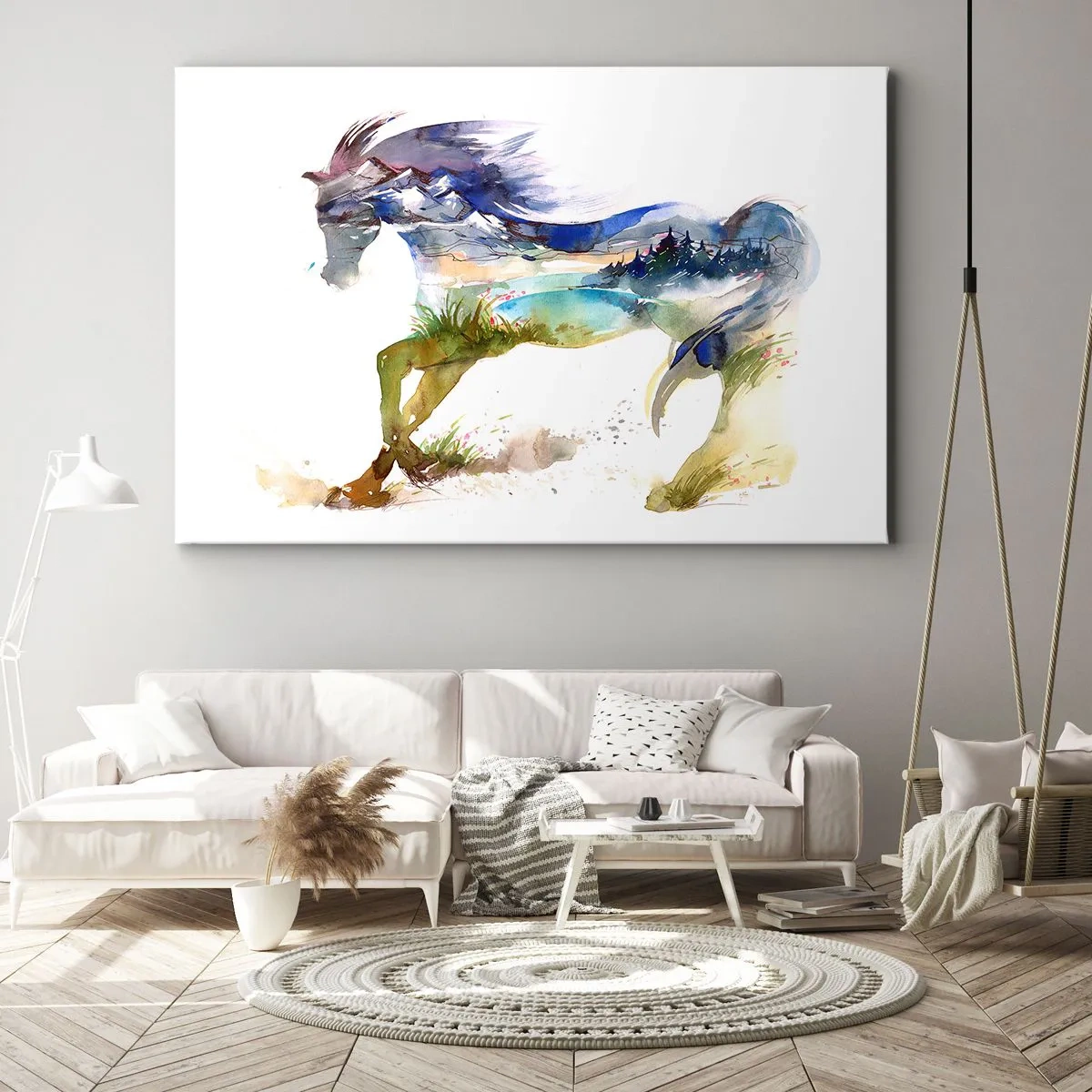 Obraz na plátne - Akvarel koňa so siluetou horskej krajiny - 70x50cm - Z lúky priamo do neba - Moderná nástenná dekorácia do obývacej izby a spálne ARTTOR
