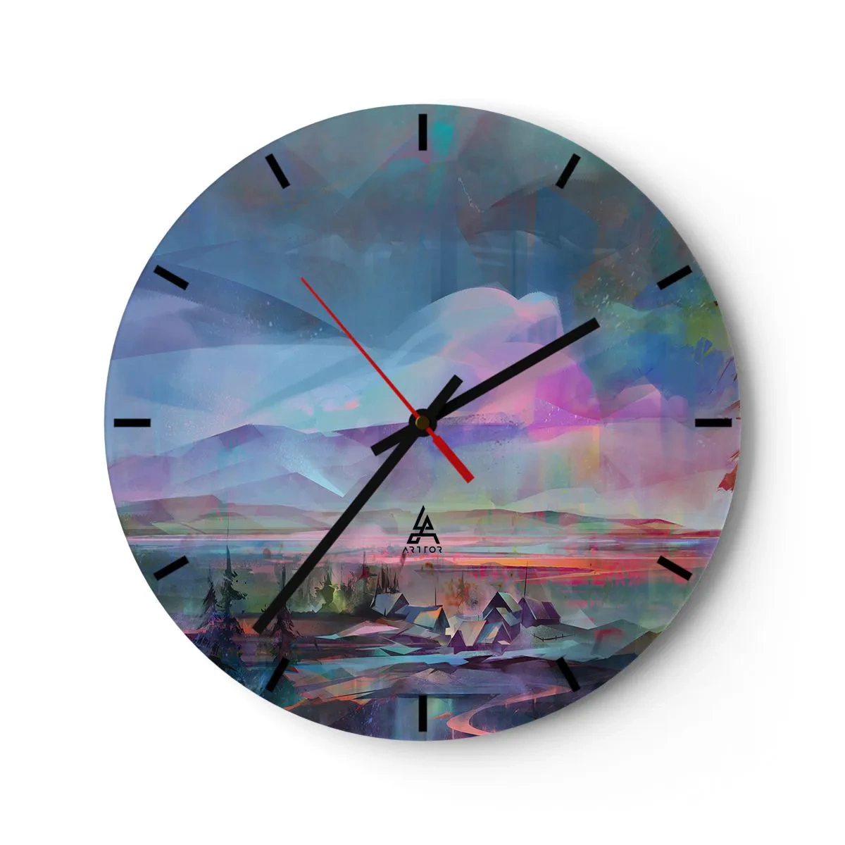 Nástenné hodiny - Farebná panoráma hôr a dediny v abstraktnom štýle - 30x30cm - Pod priateľským nebom - Moderná nástenná dekorácia do obývacej izby, kuchyne a spálne ARTTOR