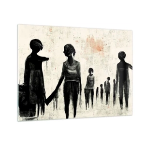 Obraz na skle - Čierne postavy v pohybe na svetlom pozadí s červenou textúrou - 70x50cm - Proti samote - Moderná nástenná dekorácia do obývacej izby a spálne ARTTOR