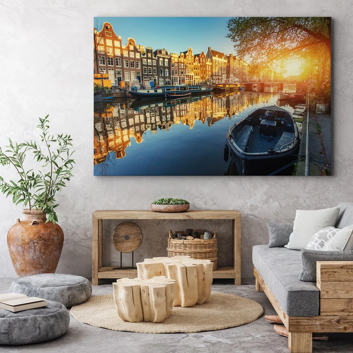 Obraz na plátne - Amsterdamský kanál pri západe slnka - 70x50cm - Ráno v Amsterdame - Moderná nástenná dekorácia do obývacej izby a spálne ARTTOR