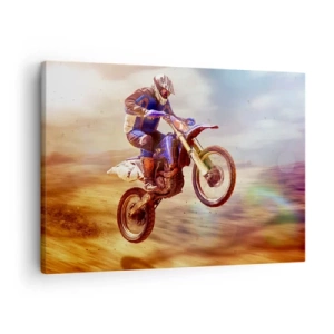Obraz na plátne - Motocyklista za letu počas dynamickej jazdy v teréne - 70x50cm - Motocyklové šialenstvo - Moderná nástenná dekorácia do obývacej izby a spálne ARTTOR