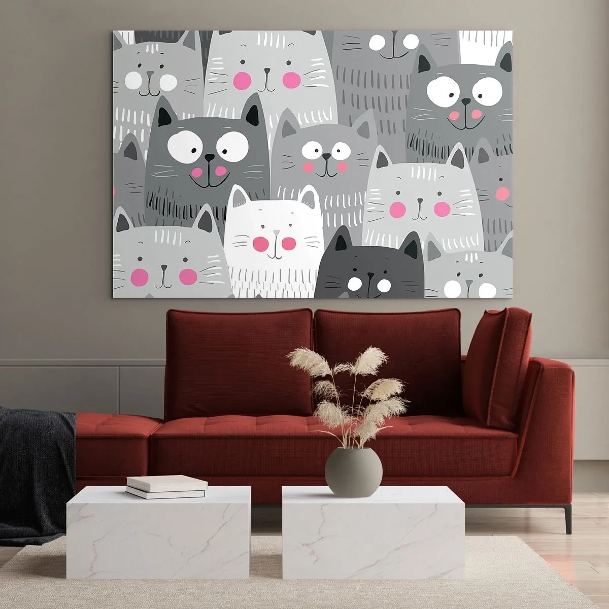 Obraz na skle - Zábavné mačky v sivých farbách na bielom pozadí - 70x50cm - Mačací svet - Moderná nástenná dekorácia do obývacej izby a spálne ARTTOR
