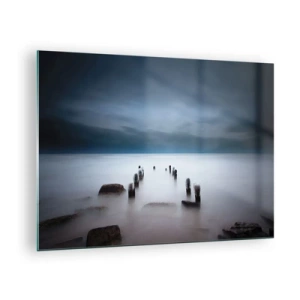 Obraz na skle - Atmosférická prímorská scenéria s drevenými piliermi - 70x50cm - Zamyslené jazero - Moderná nástenná dekorácia do obývacej izby a spálne ARTTOR