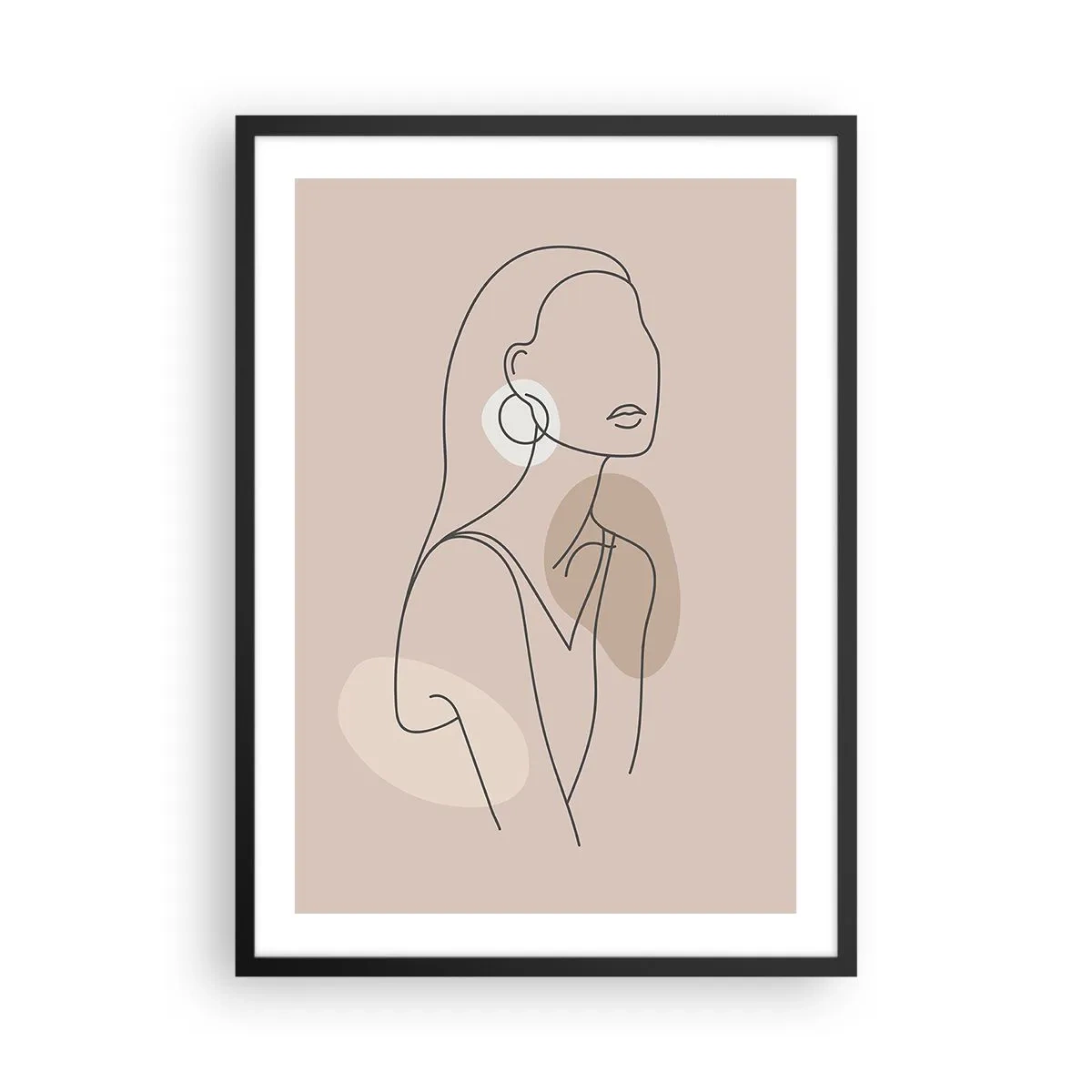 Plagát v čiernom ráme - Minimalistická kresba ženy v pastelových odtieňoch béžovej. - 50x70cm - Dievčenská ikona - Moderná nástenná dekorácia do obývacej izby a spálne ARTTOR