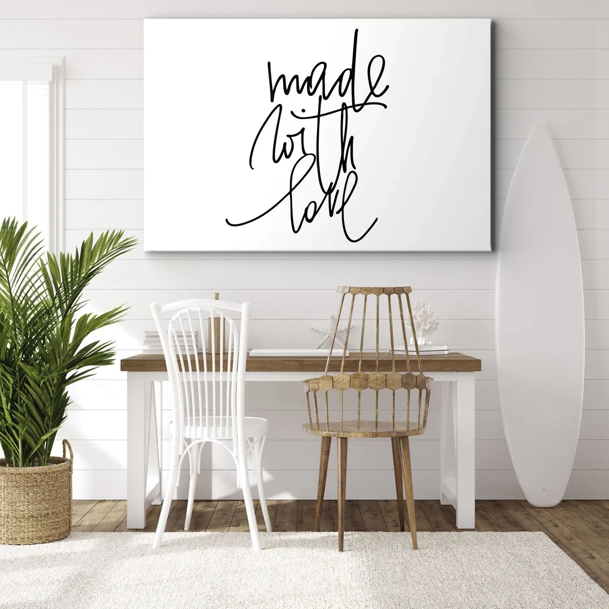 Obraz na plátne - Čierny nápis „Vyrobené s láskou“ na bielom pozadí - 70x50cm - Najlepšia značka - Moderná nástenná dekorácia do obývacej izby a spálne ARTTOR