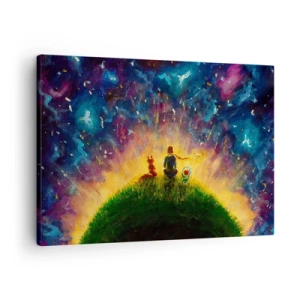 Obraz na plátne - Postavy na zelenom kopci obklopenom hviezdnou oblohou - 70x50cm - Láska a priateľstvo - celý svet - Moderná nástenná dekorácia do obývacej izby a spálne ARTTOR