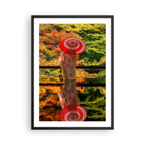 Plagát v čiernom ráme - Žena v kimone s červeným dáždnikom na pozadí jesenného lístia. - 50x70cm - V chráme prírody - Moderná nástenná dekorácia do obývacej izby a spálne ARTTOR