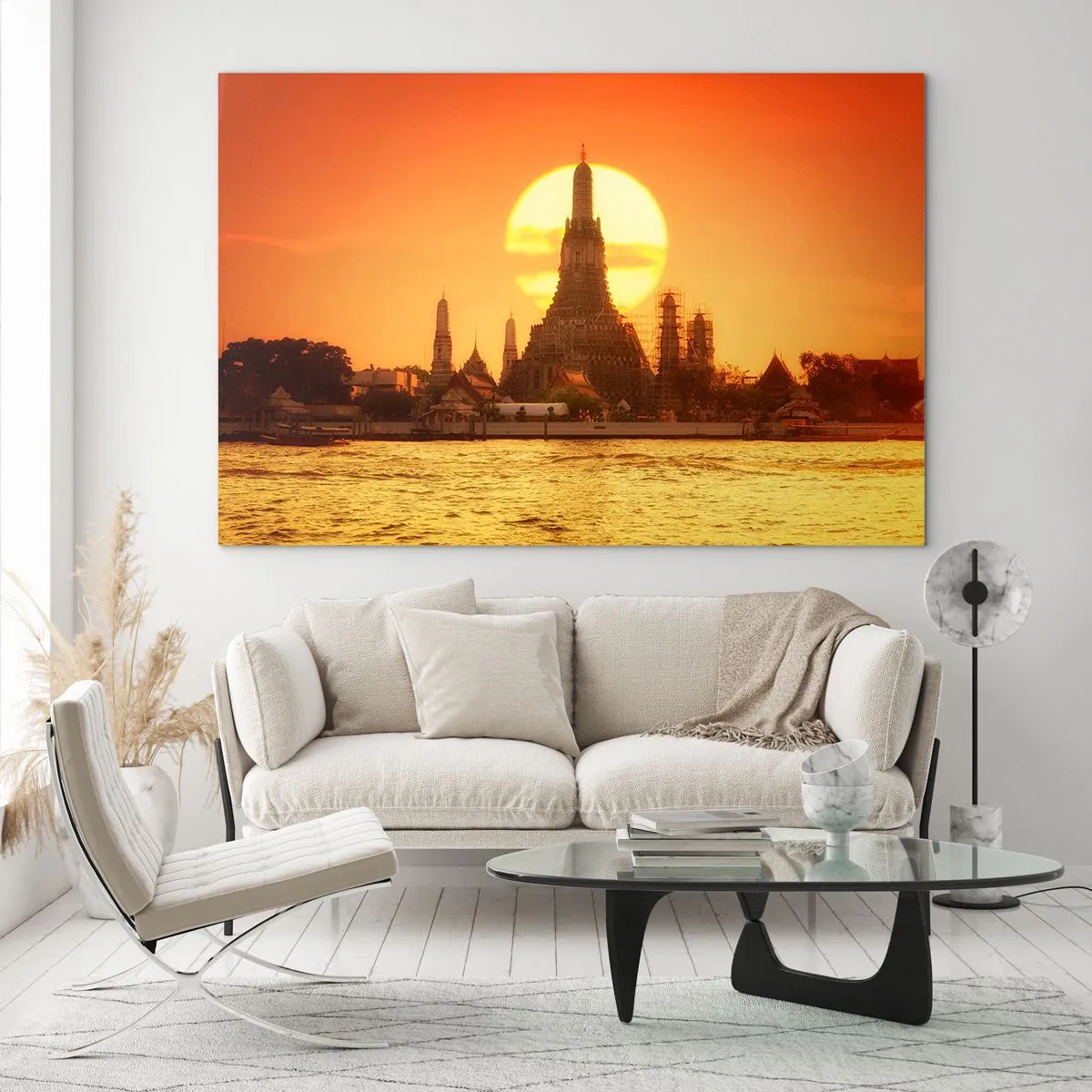 Obraz na skle - Chrám pri západe slnka nad riekou - 70x50cm - K slnku, vždy k slnku - Moderná nástenná dekorácia do obývacej izby a spálne ARTTOR