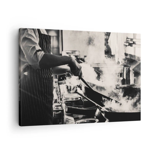 Obraz na plátne - Šéfkuchár pri práci v kuchyni s parou stúpajúcou z panvice - 70x50cm - Alchýmia chutí - Moderná nástenná dekorácia do obývacej izby a spálne ARTTOR