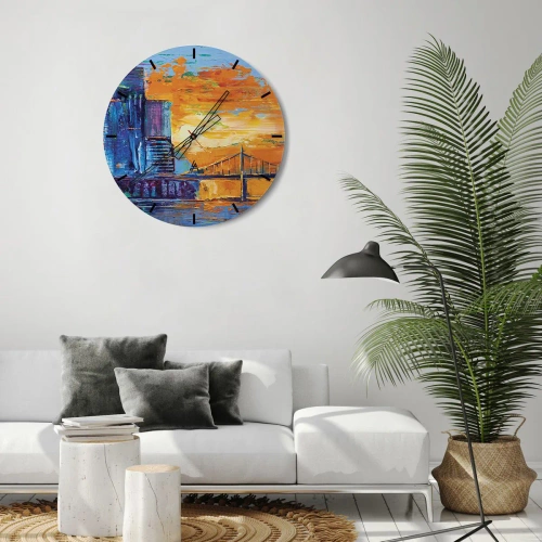Nástenné hodiny - Farebný pohľad na mesto pri západe slnka - 30x30cm - Kultúra a príroda - Moderná nástenná dekorácia do obývacej izby, kuchyne a spálne ARTTOR