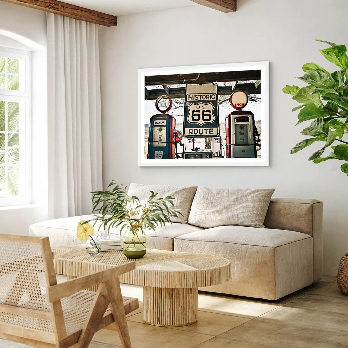 Plagát v bielom ráme - Americká retro cesta - 91x61 cm