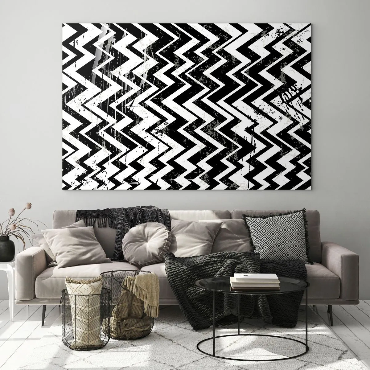 Obraz na skle - Čiernobiely cikcakový vzor s dynamickou kompozíciou a textúrou. - 70x50cm - Cik-biele, cik-čierne - Moderná nástenná dekorácia do obývacej izby a spálne ARTTOR
