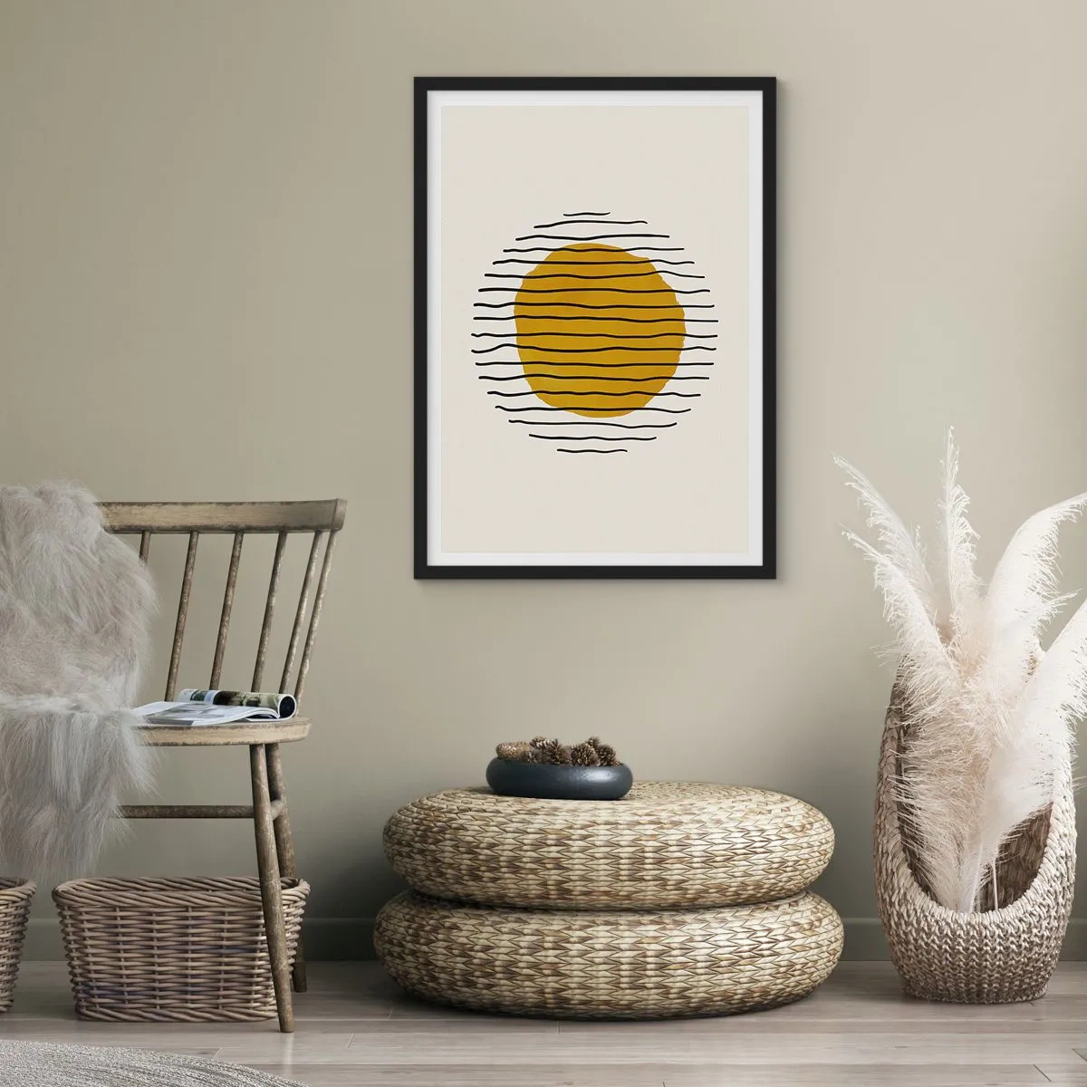 Plagát v čiernom ráme - Minimalistická grafika so žltým kruhom a čiernymi čiarami - 50x70cm - Abstrakcia kmitajúca žiarom - Moderná nástenná dekorácia do obývacej izby a spálne ARTTOR
