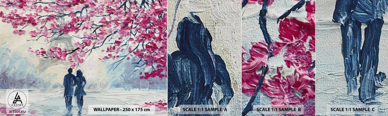 Vzorka fototapety Premium Sand - Romantická prechádzka - Paríž, Eiffelova veža, Zamilovaný pár - 100x30 cm