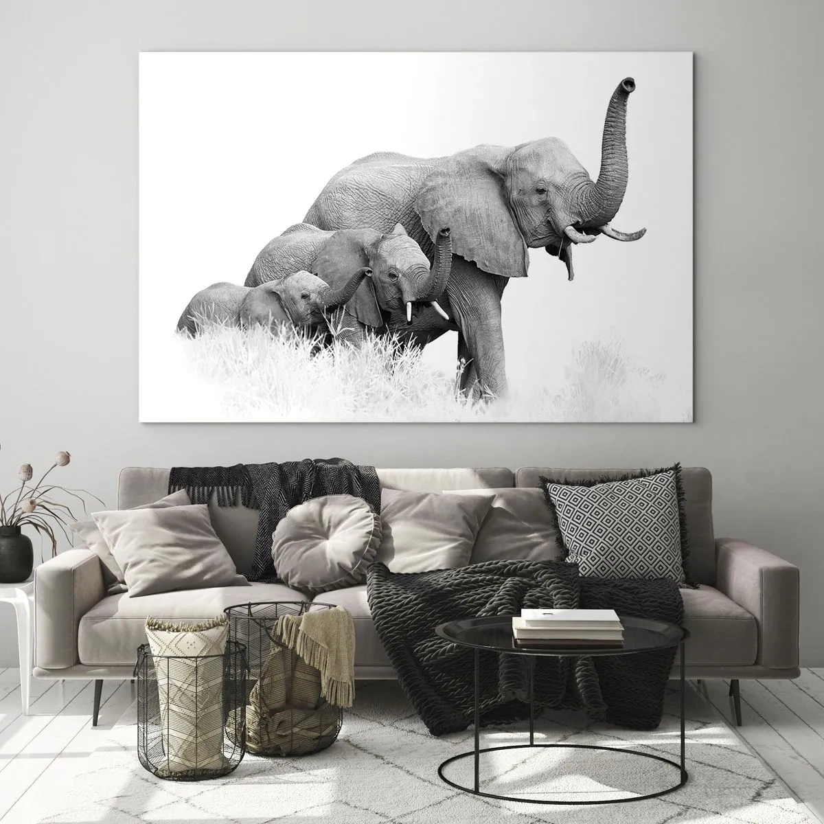 Obraz na skle - Rodina čiernych a bielych slonov v prírode - 70x50cm - Jedna, dve, tri - Moderná nástenná dekorácia do obývacej izby a spálne ARTTOR