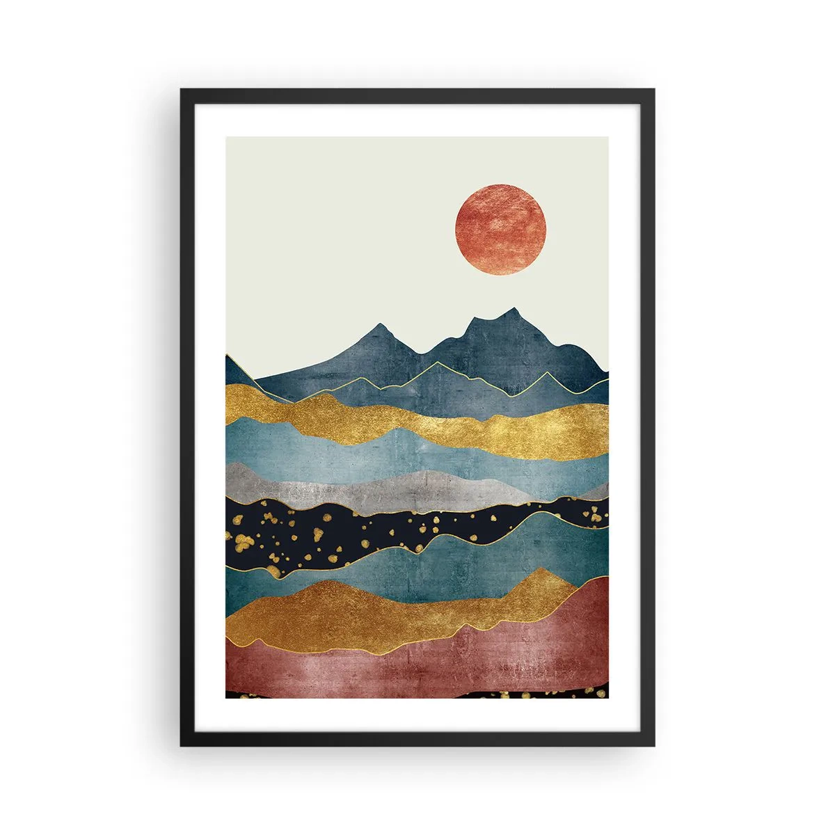 Plagát v čiernom ráme - Abstraktné hory v odtieňoch zlatej, modrej a červenej - 50x70cm - Prierez svetom - Moderná nástenná dekorácia do obývacej izby a spálne ARTTOR