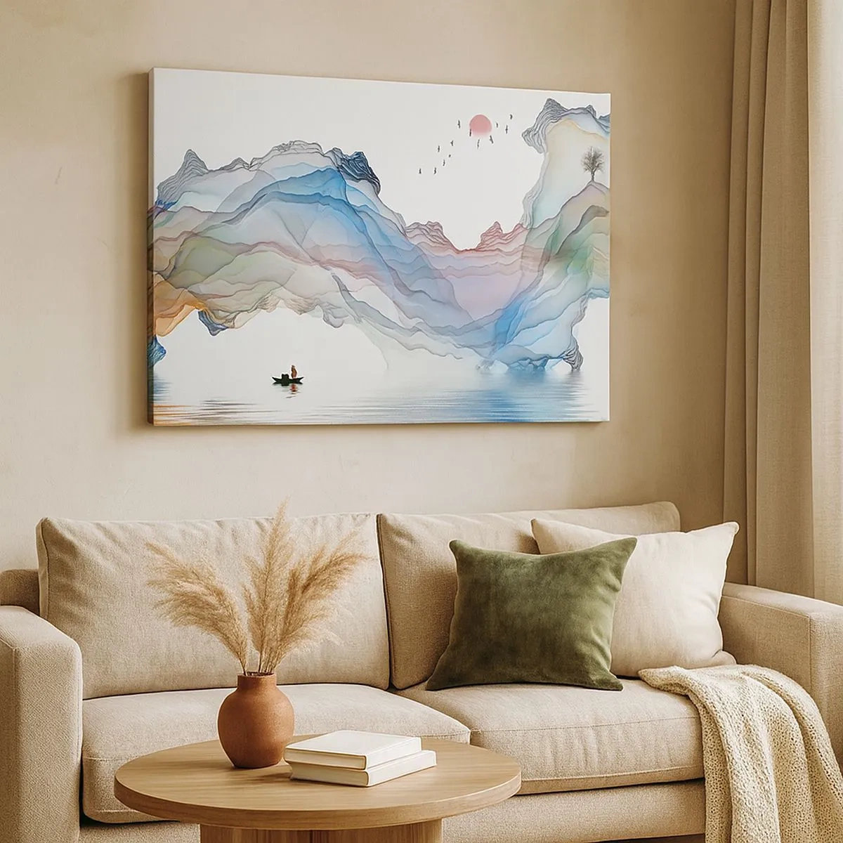Obraz na plátne - Jemná krajina s horami, vodou a loďou - 70x50cm - Ku krištáľovým horám - Moderná nástenná dekorácia do obývacej izby a spálne ARTTOR