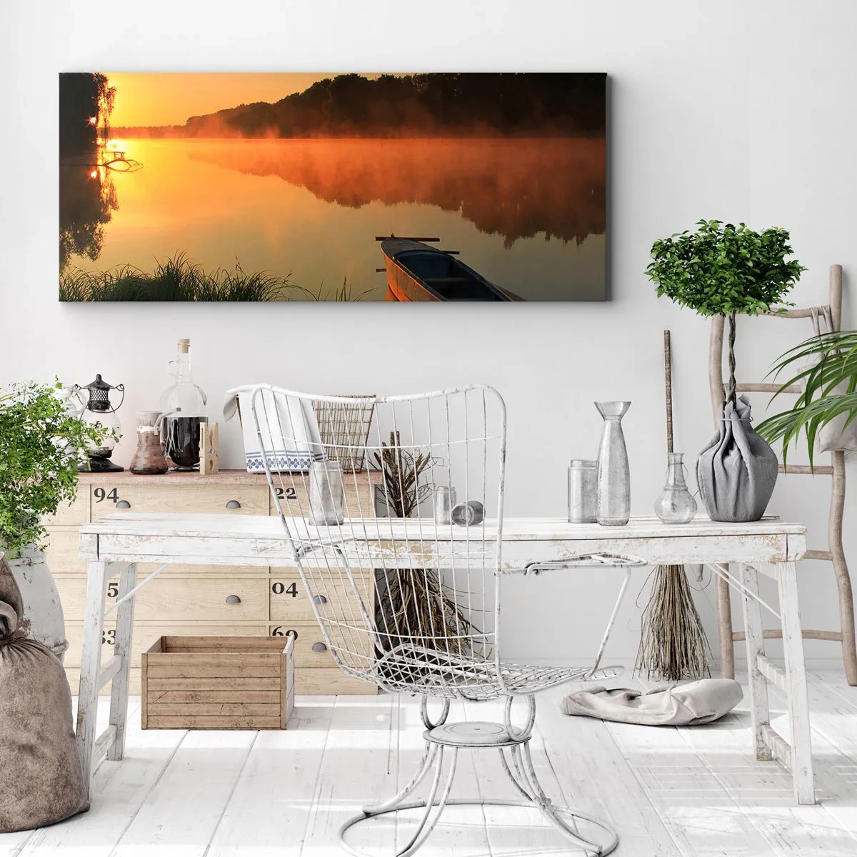 Obraz na plátne - Východ slnka pri vode ako povrch zrkadla - 100x40 cm