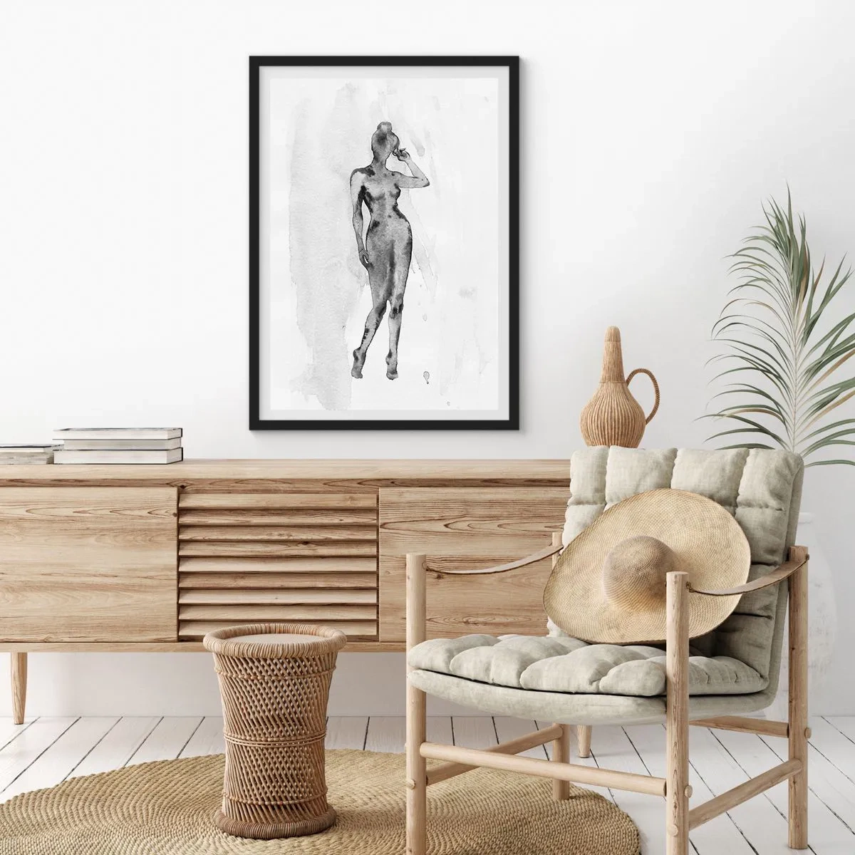 Plagát v čiernom ráme - Silueta ženy v čiernobielej akvarelovej technike - 50x70cm - Štúdia o ideáli ženskosti - Moderná nástenná dekorácia do obývacej izby a spálne ARTTOR