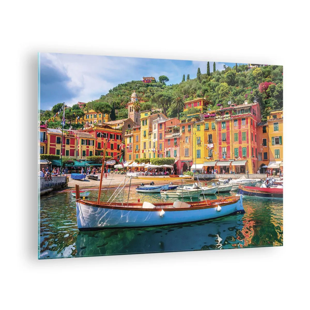 Obraz na skle - Farebné budovy pri prístave v malebnom mestečku - 70x50cm - Talianske dopoludnie - Moderná nástenná dekorácia do obývacej izby a spálne ARTTOR