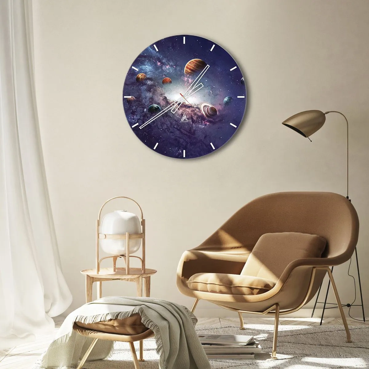 Nástenné hodiny - Farebné planéty plávajúce v kozmickej hmlovine - 30x30cm - Slnko a tanec - Moderná nástenná dekorácia do obývacej izby, kuchyne a spálne ARTTOR