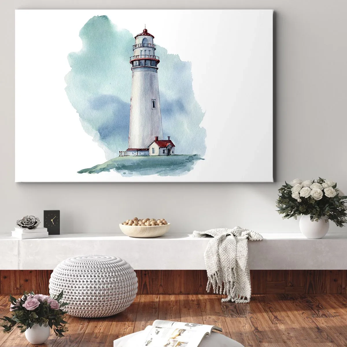 Obraz na plátne - Maják na modrom akvarelovom pozadí - 70x50cm - Nežná sestra blankytu - Moderná nástenná dekorácia do obývacej izby a spálne ARTTOR