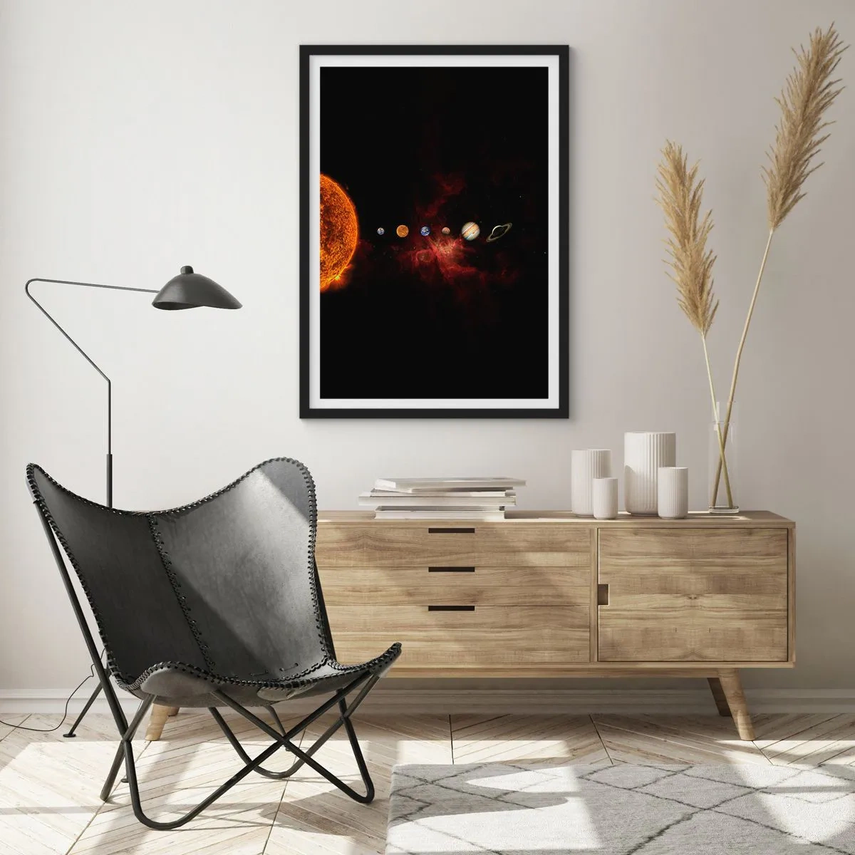 Plagát v čiernom ráme - Slnečná sústava s planétami na pozadí vesmíru - 50x70cm - Naša štvrť - Moderná nástenná dekorácia do obývacej izby a spálne ARTTOR