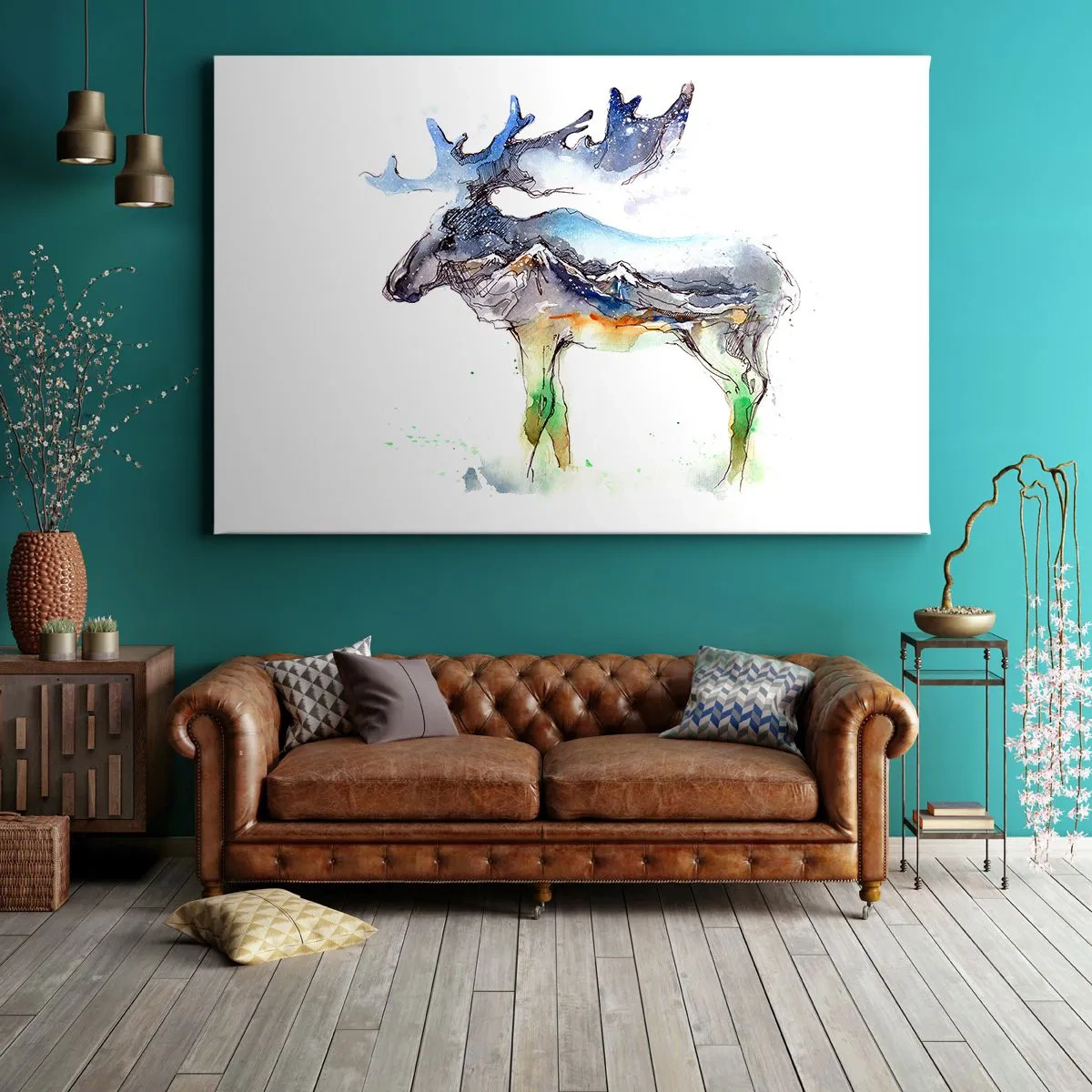 Obraz na plátne - Akvarelová silueta losa s horskou krajinou - 70x50cm - Hrdina zimného príbehu - Moderná nástenná dekorácia do obývacej izby a spálne ARTTOR