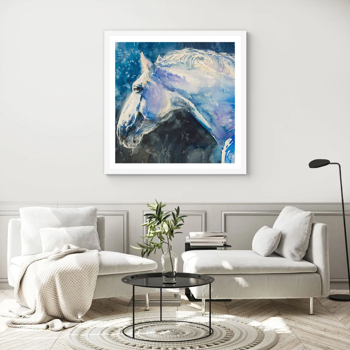 Plagát v bielom ráme - Portrét v modrej žiare - 60x60 cm