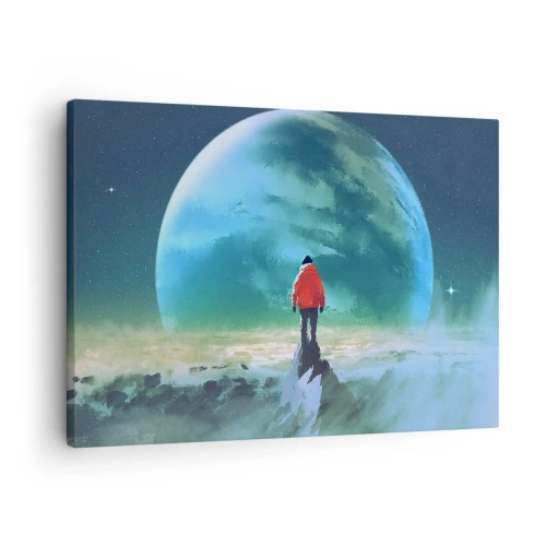 Obraz na plátne - Muž v červenej bunde stojaci pred veľkou planétou s hviezdami v pozadí. - 70x50cm - Objaviteľ novej krajiny - Moderná nástenná dekorácia do obývacej izby a spálne ARTTOR