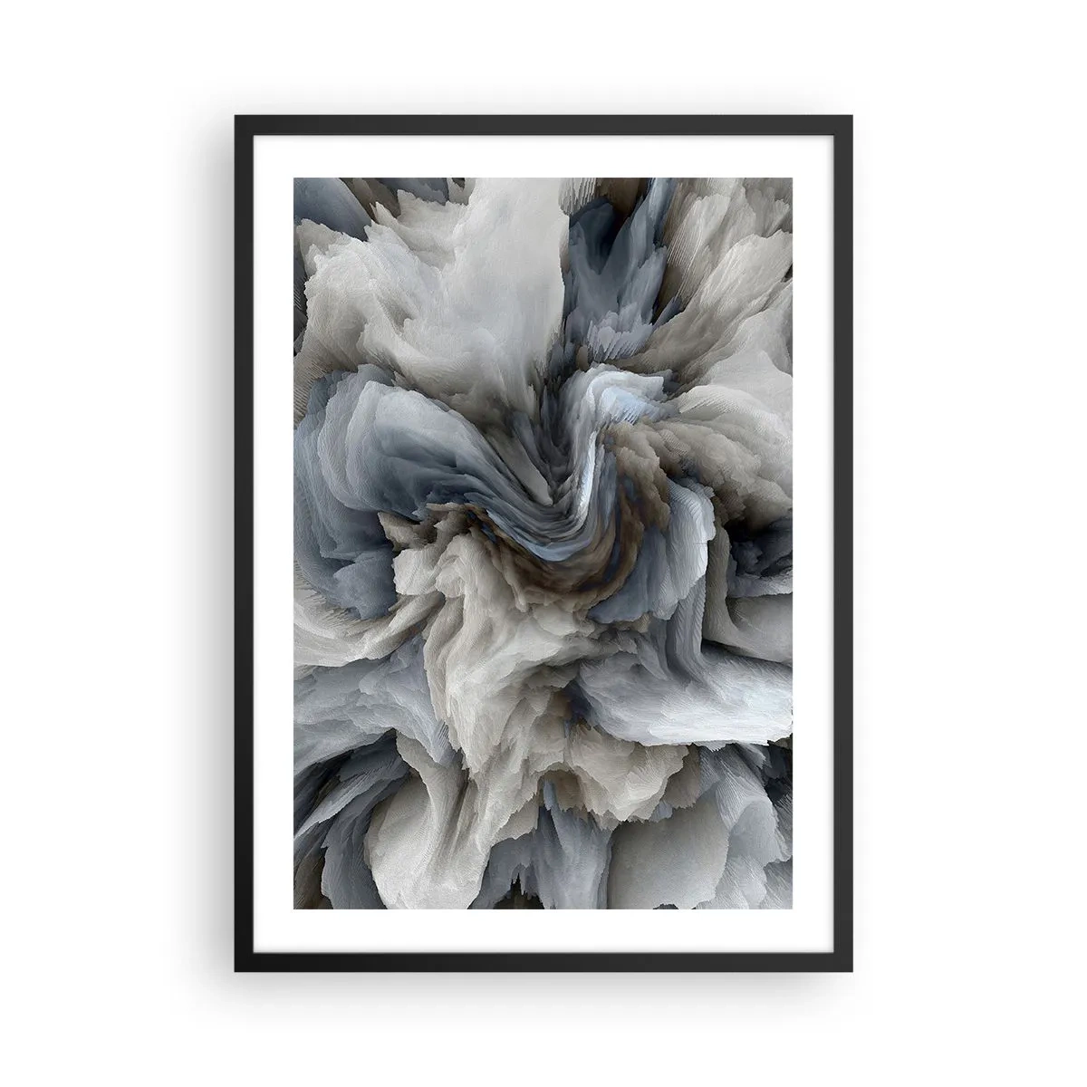 Plagát v čiernom ráme - Abstraktná explózia farieb v odtieňoch sivej a modrej. - 50x70cm - Kameň a kvet - Moderná nástenná dekorácia do obývacej izby a spálne ARTTOR