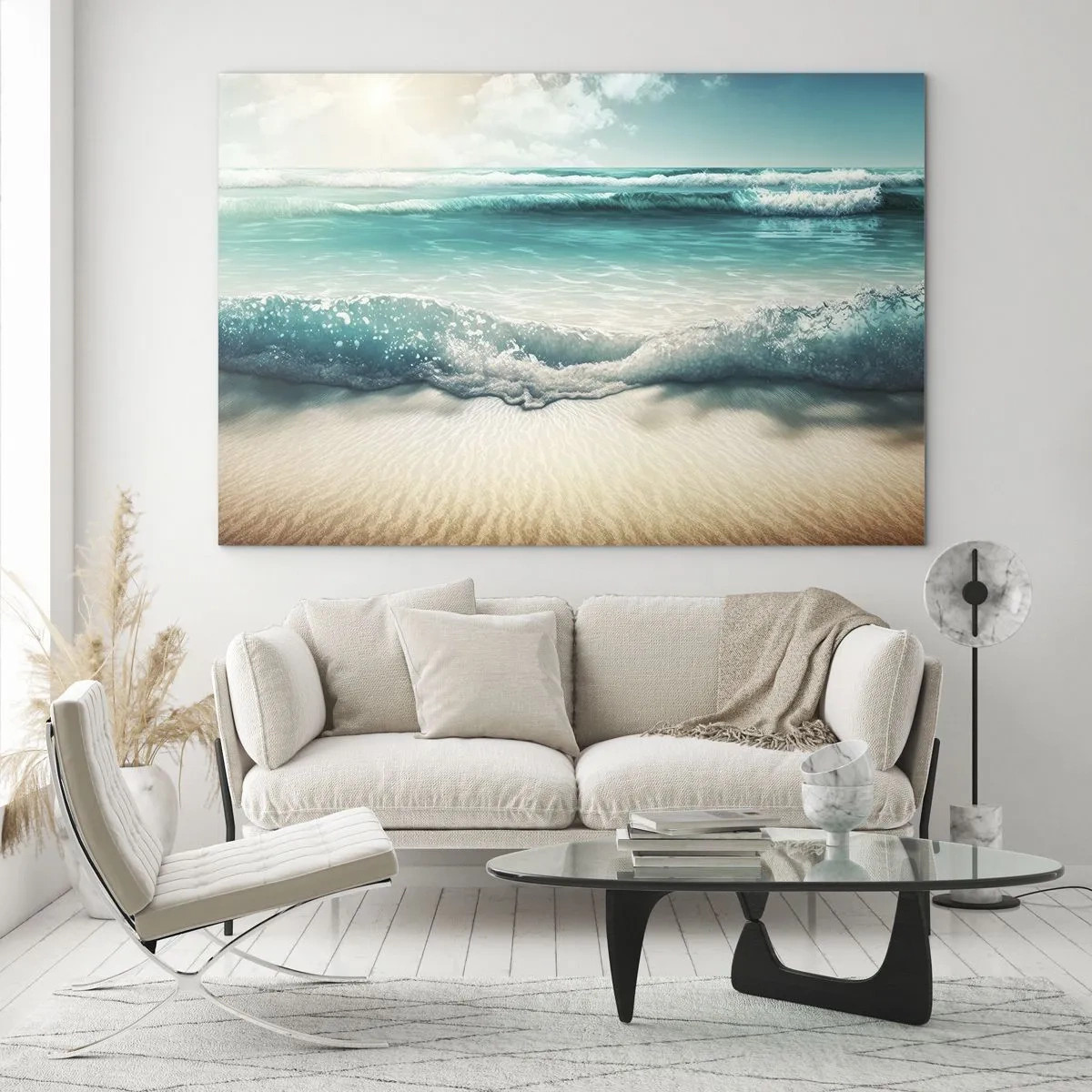 Obraz na skle - Tyrkysové oceánske vlny šľahajúce o piesočnatú pláž - 70x50cm - Kľud oceánu - Moderná nástenná dekorácia do obývacej izby a spálne ARTTOR