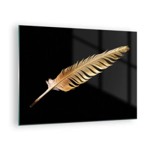 Obraz na skle - Zlaté pierko na čiernom pozadí v minimalistickom štýle - 70x50cm - Krásne pierko… - Moderná nástenná dekorácia do obývacej izby a spálne ARTTOR