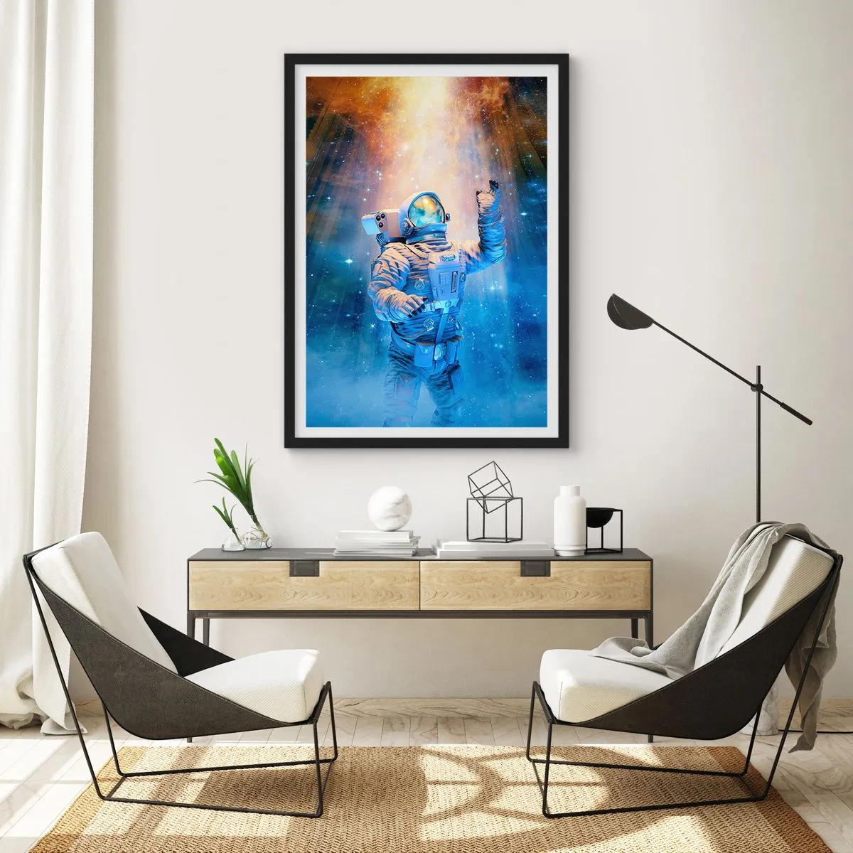 Plagát v čiernom ráme - Astronaut vo svetle hviezd a galaxií vo vesmíre - 50x70cm - Konečne v cieli - Moderná nástenná dekorácia do obývacej izby a spálne ARTTOR